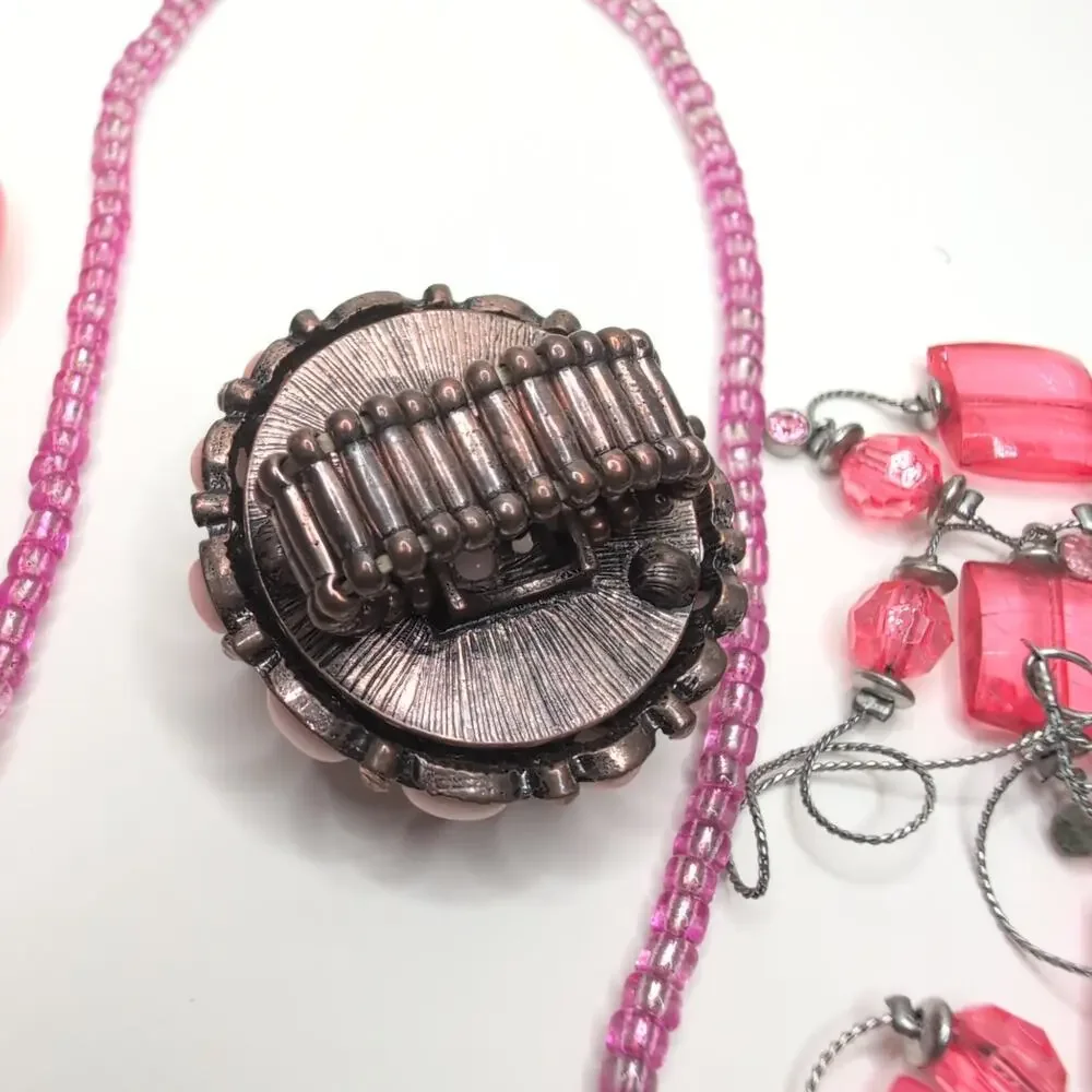 Pink Rhinestone Necklace Pendant Ring Lot Fairy Coquette Barbie Rose‎